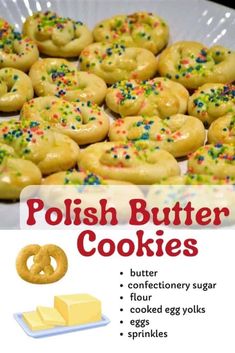 an advertisement for polish butter cookies on a plate with sprinkles in the background