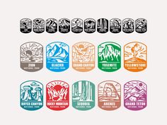 the logos for yellowstone national park are shown in different colors and sizes, including blue, red