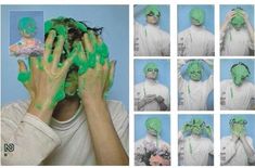 a collage of photos with hands covered in green paint and the image of a man's face