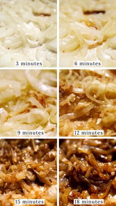 four pictures showing different stages of cooking onions