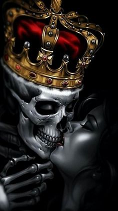 a skeleton kissing a woman with a crown on her head