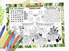 a coloring page with mickey mouse and friends in the park, surrounded by crayons