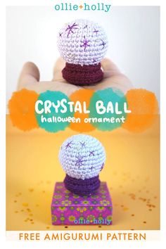 two crocheted balls sitting on top of each other with the words crystal ball halloween ornament