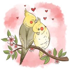 two birds are sitting on a branch with hearts