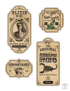 four different label designs for various products