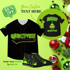 The Grinch, Baseball Athletic Jersey, Family Matching Shirt, Custom Baseball Jersey, Merry Christmas T shirt, Grinchmas, Grinch Vibes, Cool JERSEY DETAILS .: Material: 100% moisture-wicking polyester .: Sewn-in label .: Extra light fabric (4.13 oz/yd² (140g/m .: Regular fit .: Trim color and buttons available in black or white WOMEN'S / MEN'S SHOE DETAILS .: Breathable polyester canvas .: Hi-poly deodorant memory foam insoles .: EVA shock-absorbing layer .: Durable rubber outsole .: Black or whi Casual Customizable Christmas Tops, Casual Christmas Tops With Customizable Details, Casual Customizable Tops For Christmas, Der Grinch, Custom Baseball Jersey, Men's Shoe, The Grinch, Women Men Shoes, Christmas T Shirt