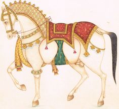 a drawing of a white horse with gold and red decorations on it's back