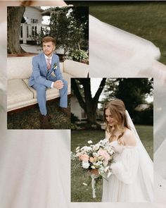 a bride and groom sitting on a white couch