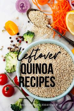 a bowl filled with quinoa next to broccoli, carrots and other vegetables