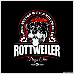 the rotweiler dog club logo is shown on a black background with red and white lettering