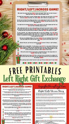 a printable christmas gift exchange with the text free printables left right out