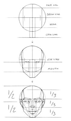 three different types of facial shapes and their corresponding features are shown in this drawing technique