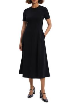 Go from the office to evening events with ease in this versatile A-line dress cast in a timeless hue. 49 1/2" length (size 8) Hidden back-zip closure Jewel neck Short sleeves Side-seam pockets Lined 70% triacetate, 30% polyester Dry clean Imported Elegant A-line Dress With Side Zipper, Chic A-line Dress For Business Casual, Fit And Flare A-line Midi Dress For Work, Formal A-line Midi Dress With Flattering Silhouette, Sleek A-line Midi Dress With Flattering Silhouette, Elegant Seamed Dresses For Workwear, Elegant Seamed Workwear Dresses, Tailored A-line Midi Dress For Formal Occasions, Tailored A-line Midi Dress For Work