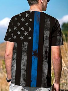 Russoo - Mens Summer Casual Street Style Graphic Print T-shirt with Stretch Round Neck Design Casual Black T-shirt With American Flag Print, Black Crew Neck T-shirt With Flag Print, Memorial Day Blue T-shirt With American Flag Print, Black Flag Print Top For Streetwear, Blue Short Sleeve T-shirt With American Flag Print, Casual Black Top With Flag Print, Casual Black Shirt With American Flag Print, Blue Short Sleeve T-shirt For Memorial Day, Black Graphic Tee With American Flag Print