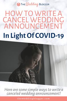 a woman looking down at her phone while wearing a black and white shirt with the words how to write a wedding announcement in light of covidd - 19