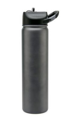 thermos stainless steel water bottle with black lid is shown on a white background