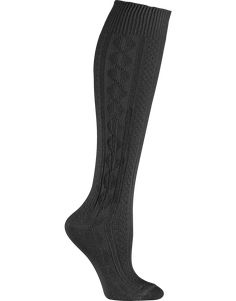 Special: Buy 2 or more and save $1.00.  Our soft and stretchy knee socks have that classic cable-knit pattern you loved as a kid. Now they're available in adult sizes and ready to add their timeless style to your current wardrobe. We upped their game a bit by adding a touch of Lycra® spandex to the soft cotton for added stretch and staying power. Regular size fits sizes 9-11; plus fits women's sock size 10-13. Plus-size socks are longer with roomier feet and a maximum calf circumference of Black Knitted Socks For Stocking Stuffer, Black Knitted Stretch Knee-high Socks, Fitted Solid Color Knitted Socks, Fitted Knitted Socks, Casual Fitted Cable Knit Knee-high Socks, Black Stretch Knitted Knee-high Socks, Comfortable Knitted Knee-high Socks, Casual Stretch Cable Knit Knee-high Socks, Knee-high Cable Knit Socks For Stocking Stuffers