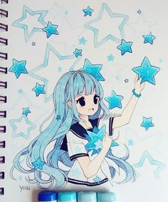 a drawing of a girl with long blue hair holding stars in her hand and looking at the camera