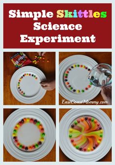 four pictures showing how to make a science experiment for kids with beads on the plate