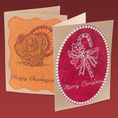 two christmas cards, one with a turkey on it and the other with a candy cane