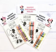 three happy birthday cards with crayons on them and mickey mouse stickers next to each other