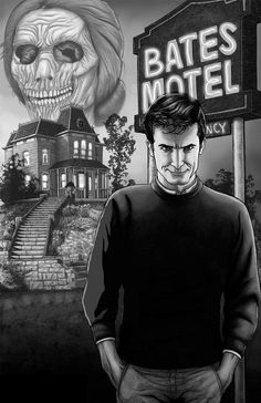 a drawing of a man standing in front of a creepy house with the words bats motel on it