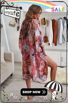 Pink Boho Floral Print Beach Cover Up Pink Kimono For Beach Cover-up During Beach Season, Pink Kimono For Beach Cover-up, Pink Long Beach Cover-up, Pink Bohemian Summer Kimono, Long Pink Beach Cover-up, Casual Pink Cover-up For Day Out, Chic Vacation Kimono For Beach Season, Red Floral Print Kimono For The Beach, Chic Beach Season Kimono For Vacation