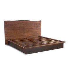 the bed frame is made from wood and has slats on each side, along with an attached headboard