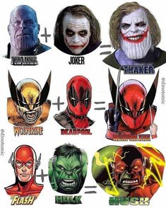 the many faces of comic characters with their names in each one's head and name