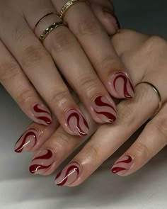 Wavy Gel Nail Design, Simple Red Nail Designs, Simple Red Nails, Gold Nails French, Wavy Nail Art, Nail Inspo Simple, Feminine Nails, Nails Cherry, Red Almond