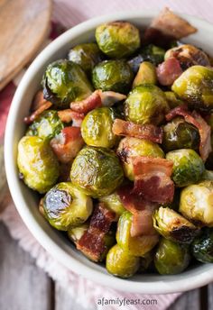 brussel sprouts with bacon in a white bowl