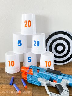 Indoor Nerf Party, Scout Games Indoor, Nerf Games Indoor, Indoor Activities For Kids 7-10, Gel Blaster Birthday Party, Diy Nerf Targets, Nerf Party Games, Nerf Birthday Party Ideas, Nerf Target