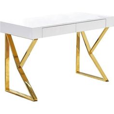 a white desk with gold legs and a mirror top in the middle, on a white background