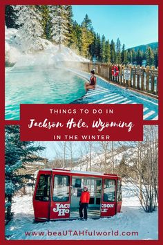 a red bus parked next to a snow covered pool with people in it and the words things