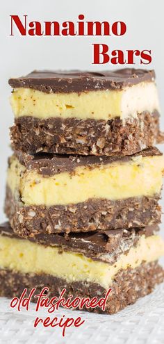 three pieces of no - bake cheesecake are stacked on top of each other