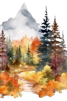 a watercolor painting with trees and mountains in the background