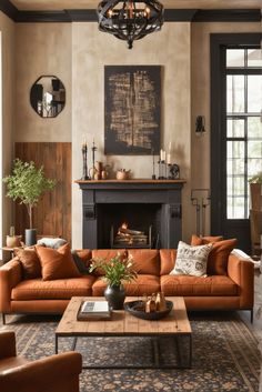 a living room filled with furniture and a fire place in the middle of the room