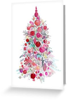 a watercolor painting of a christmas tree with red and pink ornaments on the top