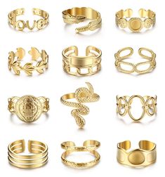 PRICES MAY VARY. 【Chunky Rings Set】A set including 12 pcs fashion gold rings, cute and dainty. These minimalist stackable knuckle rings look luxe and shine beautifully from your fingers. You can free to match those statement rings as you like. Boho adjustable rings are suitable for all occasions with all kinds of outfits. 【Minimalist Rings】These gold chunky rings including various fashion elements such as braided twisted ring, signet ring, snake ring, feather ring etc. Open adjustable size from Rings Pack, Zierlicher Ring, Feather Ring, Ringe Gold, Knuckle Rings, Chunky Rings, Popular Jewelry, Gold Ring Sets, Twist Ring