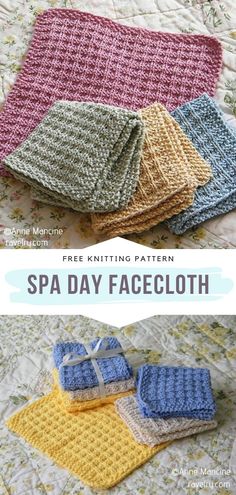 four different crocheted towels and one with the words spa day facecloth on it