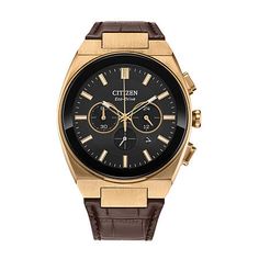 Citizen Axiom features a sophisticated blend of sports watch aesthetics with refined styling for the ultimate workday-to-weekend watch to wear. The timepiece features a rose gold-tone stainless steel case with an integrated leather strap, embodying a distinct, contemporary sports watch design. The black dial has a streamlined look, with two sub-dials at 3 and 9 o'clock, outlined with more rose gold-tone details to match the style of the applied indices and hands, while an understated 6 o'clock s Modern Business Watch With Tachymeter, Elegant Leather Chronograph Watch With Analog Display, Modern Leather Watch With Chronometer, Modern Chronograph Watch With Round Dial For Business, Modern Brown Chronograph Watch With Round Dial, Elegant Brown Watches With Tachymeter, Elegant Brown Watch With Tachymeter, Modern Chronograph Watch With Metal Dial For Business, Modern Brown Chronograph Watch With Metal Dial