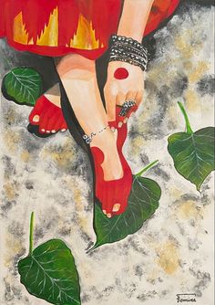 a painting of a woman's feet with red shoes and bracelets on top of green leaves