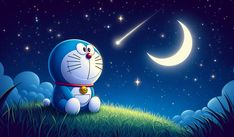 a cartoon cat sitting on top of a lush green field under a crescent moon and stars