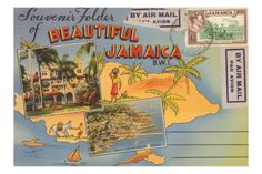 an old postcard with the words beautiful jamaica on it and images of people in different countries