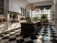 a kitchen with black and white checkered flooring, chandelier, stove top oven