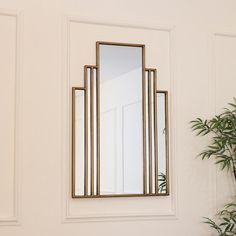 a mirror sitting on top of a wall next to a potted green plant in front of it