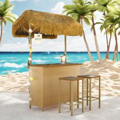 This outdoor bar table set includes a table with a canopy and two stools with a Hawaiian-inspired design that makes you feel like you're at a resort. The foldable canopy, decorated with PE grass, is waterproof and sun-resistant, providing diners with a cool, shaded spot while adding a touch of summer. Acacia wood table and stool seats, not only durable, but also natural and beautiful. The table has two built-in storage racks, which can easily store drinks, cups and other supplies, making dining Bar En Plein Air, Bar Table Set, Acacia Wood Table, Bar Table Sets, Patio Bar Set, Outdoor Bar Table, Storage Racks, Adjustable Legs, Table Bar