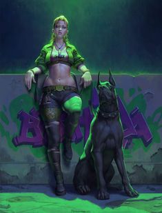 a woman sitting on top of a wall next to a dog and wearing green clothes