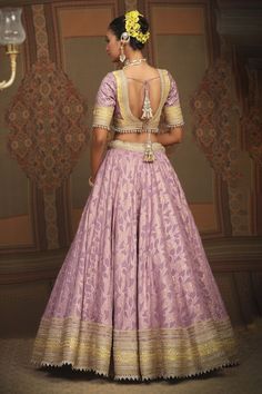 Light purple cotton shimmer chanderi lehenga with attached cancan, abstract petal patterns, intricate gota, dori and badla work and lemon yellow broad border. Comes with padded, gota work blouse and lace border net dupatta. - Aza Fashions Badla Work, Chanderi Lehenga, Purple Lehenga, Lehenga Pattern, Gota Work, Net Dupatta, Lace Border, Blouse Length, Lemon Yellow