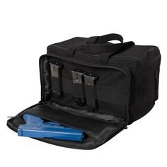 an open black bag with tools in it